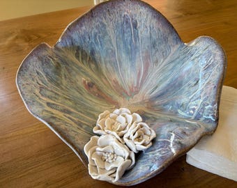 Handmade ceramic bowl with flowers, extra large
