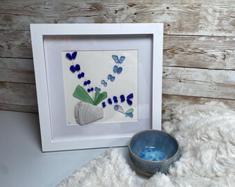 Handmade  hummingbird seaglass wall art and handmade ceramic bowl set