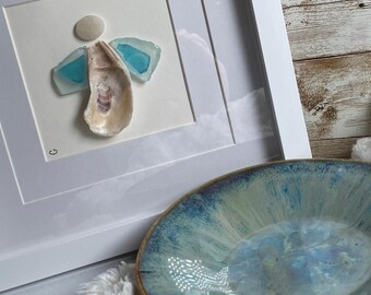 Handmade angel seaglass wall art, with handmade ceramic bowl