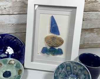 Sailboat seaglass art, pebble art, with 4 ceramic bowls, handmade