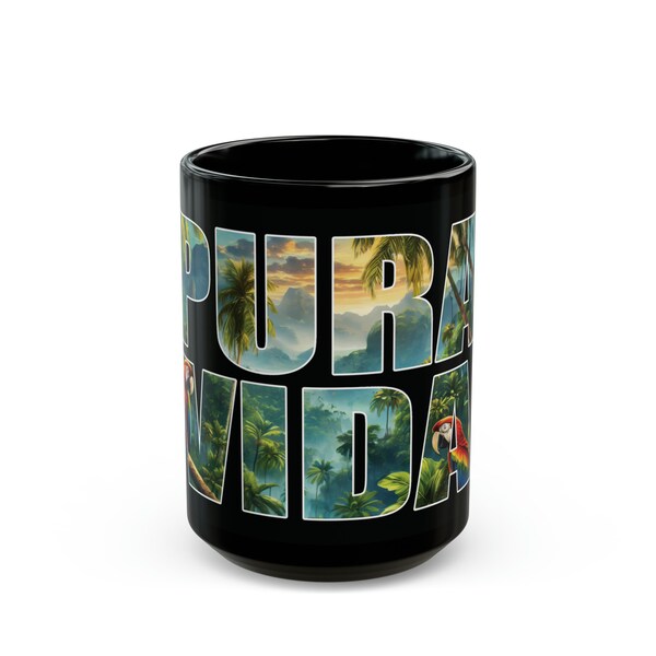 Costa Rica PURA VIDA 11oz and 15oz Black Coffe Mug. Great gift for vacation, parents, dad, mom, grandparents, birthday, tropical cup