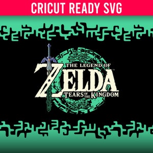 May include: A green and black logo for The Legend of Zelda: Tears of the Kingdom video game. The logo features a sword, a green circle with a stylized design, and the text "The Legend of Zelda: Tears of the Kingdom".