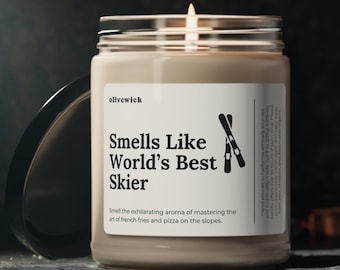 Smells Like World's Best Skier 9oz Eco-Friendly Vegan Candle Gift for Skier Skiing Ski Snow Pizza and French Fry Learning to Ski Newbie Fun