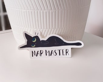 Nap Master Vinyl Sticker - Cat Nap Master - Cute cat sticker - Shoepire - Black cat - Kitty Sticker - Laminated Sticker - Glossy Finish