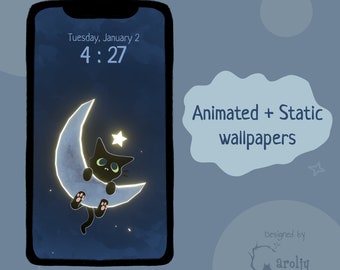 Shoepire In The Moon Animated Wallpaper - Phone/Tablet Wallpapers - Cat - Black Cat - Cute cat art - Black Cat wallpapers /DI003
