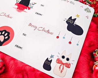 Cat Gift Labels - Handmade Christmas Tags - Sticker Sheet - Christmas Wrapping Tag