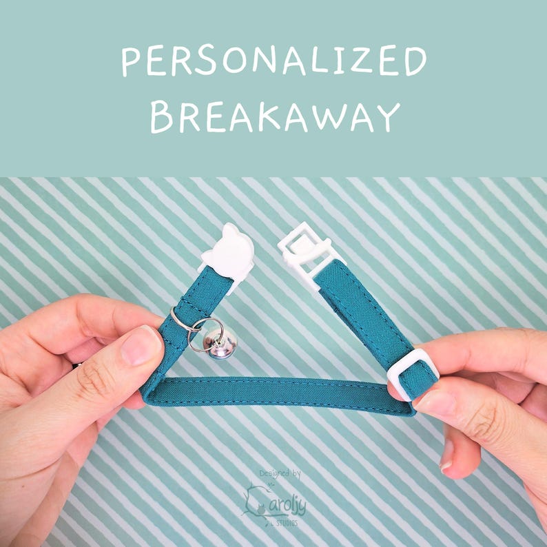 May include: A teal fabric breakaway collar featuring a white plastic cat-shaped buckle, a white plastic adjuster, and a small silver metal bell. The text PERSONALIZED BREAKAWAY is printed in white above the collar against a light blue background.