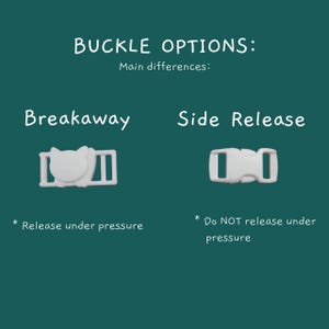 May include: A comparison chart on a dark green background titled BUCKLE OPTIONS: Main differences: showing a white cat-shaped breakaway buckle that releases under pressure and a white side release buckle that does not release under pressure.