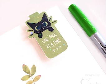 One Page At A Time Magnetic Bookmark - Holographic Bookmark - Page clip - Page keeper - Magnetic Bookmark - Black cat - Bookish gift