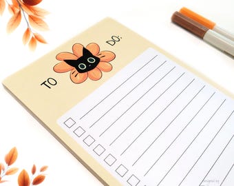 Black Cat Flower Notepad - Long To-do list pad - Illustrated Notes