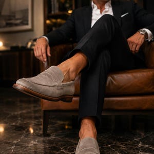 Handmade Men’s Gray Suede Penny Loafers Soft Slip-On Casual Dress Shoes, Comfortable Leather Moccasins for Everyday & Formal Wear