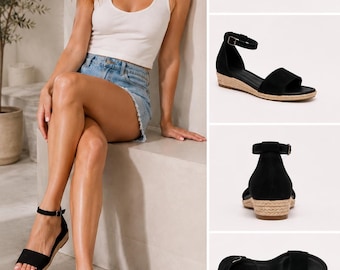Black Ankle Strap Wedge Sandals Espadrille Jute Heel Espadrille Jute Heel Summer Style