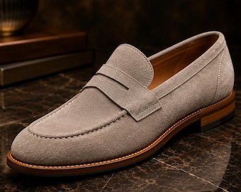 Handmade Men’s Gray Suede Penny Loafers Soft Slip-On Casual Dress Shoes, Comfortable Leather Moccasins for Everyday & Formal Wear