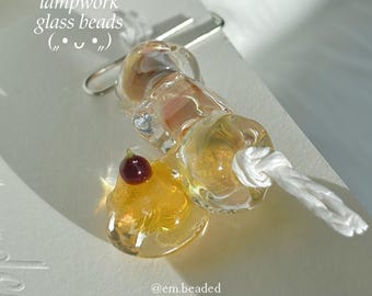 Set of 4 ⊹ Lampwork Glass Beads Set, Handmade Unique Glass Beads with Pudding Pendant for Jewelry Making, Necklace Charms