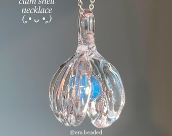 Blauwe glazen schelp verstelbare kettinghanger, handgemaakte lampwork glazen schelp bedelsieraden, cadeau voor haar