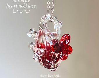 Wijnrood glazen hart met vlinderhanger verstelbare ketting, handgemaakte lampwork vlinder anatomisch hart bedelsieraden, cadeau voor haar