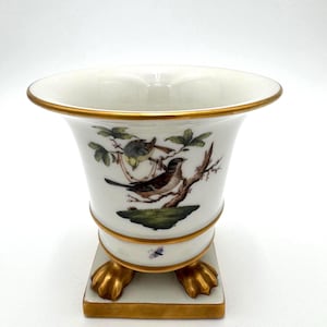 Herend Footed Cache Vase Antique Porcelain Empire Vase: Rothschild Bird Motif, Paw Feet