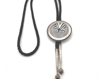 Vintage Hopi Bolo Tie: Sterling Silver Man in Maze, Signed Tawahongva