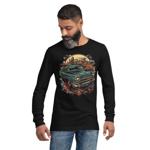 T-shirt maniche lunghe in 100% Cotone Airlume Pettinato Ring-Spun: Auto d'Epoca in Esplosione, Stile Cartone Animato, Illustrazione Digitale