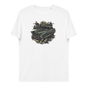 Unisex Organic Cotton T-Shirt: Cartoon-Style Vintage Car Explosion - Trendy Digital Design PNG