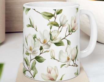 Magnolia Bloom Ceramic Mug: Nature Inspired Floral Coffee Cup