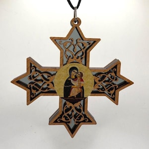 Saint Mary Wooden Coptic Cross - (Necklace or Hang in your car)