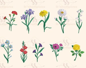 Birth Month Flowers Digital Download, 12 Pair Embroidery for Any Machine, Embroidered Digital Design, Wildflowers File, Instant Download