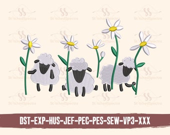 Sheep and Daisy Machine Embroidery, Embroidered Cottagecore Sheep Design Digital Files, Pes Dst Instant Download Files for Use, Easy Usable