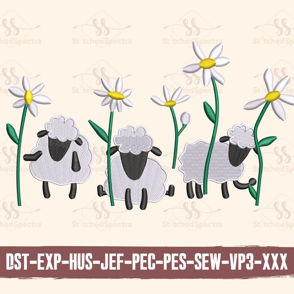Sheep and Daisy Machine Embroidery, Embroidered Cottagecore Sheep Design Digital Files, Pes Dst Instant Download Files for Use, Easy Usable
