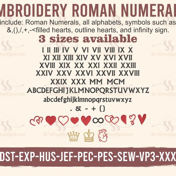 Roman Numerals Embroidery Design Fonts, Pack of Alphabets Roman Numbers Symbols Embroidered Digital Files, Dst Pes Files Machine Embroidery