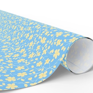 Floral Blossom Wrapping Paper Pastel Gift Wrap Elegant Yellow Flower Paper Blue Background Birthday Baby Shower Wedding Spring Decorations
