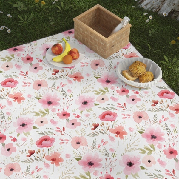 Pink Petals Water Resistant Picnic Blanket, High-Quality Vivid Pink Design w Black Accents, Portable, Stylish for Outdoor Dining