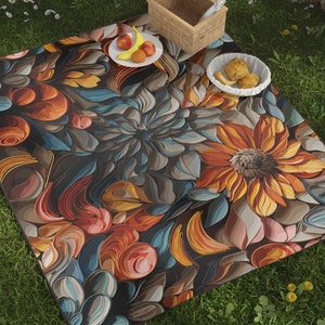 Colorful Flower Picnic Blanket, Floral Print Outdoor Blanket Paper Flower Pastel Design Yellow Orange Blue White Water Resistant Beach Mat