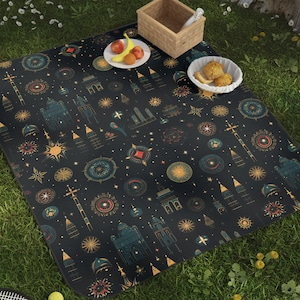 Renaissance Fair Picnic Blanket, Water Resistant Mat Black Symbolism Collage Design Detailed Fair Renaissance Festival Outdoor Event Blanket