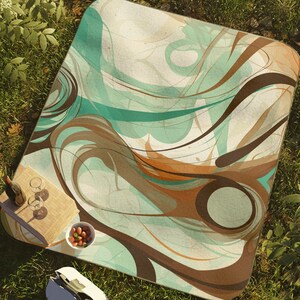 Brown Swirl Picnic Blanket, Colorful Swirls Curves Fall Picnic Blanket Autumn Colors Teal Brown Stadium Blanket Water Resistant Outdoor Mat