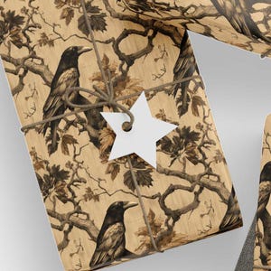 Raven Woodland Wrapping Paper Nature Inspired Gift Wrap Rustic Vintage Style Forest Leaves Brown Beige Black Paper Perfect for Autumn Glossy