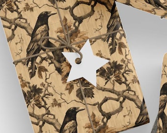 Raven Wrapping Paper: Vintage Woodland Crow & Leaves Gift Wrap