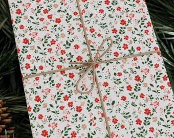 Red & Green Floral Wrapping Paper: Elegant Botanical Gift Wrap