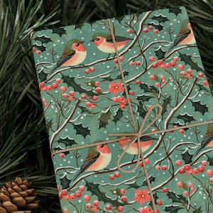 Charming Holiday Robin Wrapping Paper Festive Gift Wrap Green Christmas Paper Joyful Bird Design Elegant Winter Theme Stunning Nature Print