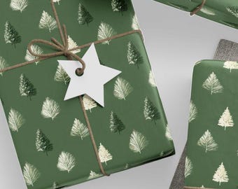 Vintage Evergreen Christmas Wrapping Paper: Green Holiday Pine Tree Pattern
