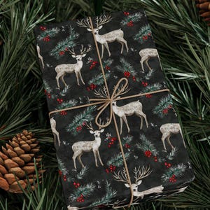Winter Woodland Deer Wrapping Paper Holiday Gift Wrap Rustic Christmas Paper Roll Cozy Nature Paper Black and Red Festive Seasonal Reindeer