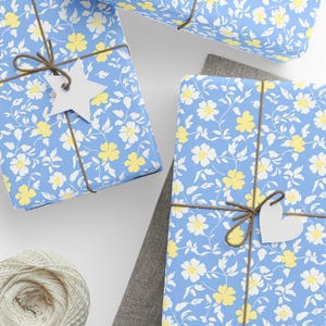 Floral Pastel Wrapping Paper Elegant Gift Wrap Soft Blue Yellow Flowers Paper for Birthday Wedding Bridal Shower Easter Special Occasion