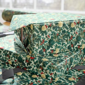 Vintage Floral Festive Wrapping Paper Holiday Gift Wrap Elegant Christmas Botanical Paper Winter Blooms Decorative Red Green Ivory Present