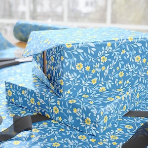 Floral Blue Wrapping Paper Yellow Daisies Gift Wrap Leafy Vine Pattern Paper Elegant Wedding Birthday Celebration Festive Stylish Premium