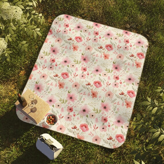 Pink Petals Water Resistant Picnic Blanket High quality Vivid Pink Design W Black Accents Portable Stylish for Outdoor Dining Etsy