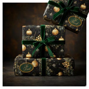 Golden Ornaments Wrapping Paper Christmas Gift Wrap Elegant Holiday Paper Black and Gold Festive Design Perfect for Luxurious Celebration