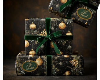 Elegant Black and Gold Christmas Ornament Wrapping Paper: Festive Holiday Design