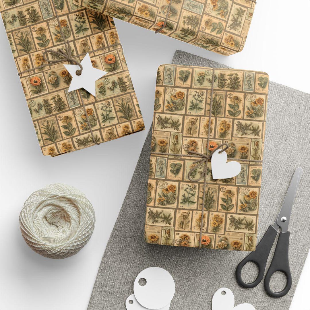 Wrapped Stamp Vintage Botanical Postage Stamp Wrapping Paper: Elegant Floral Gift ...