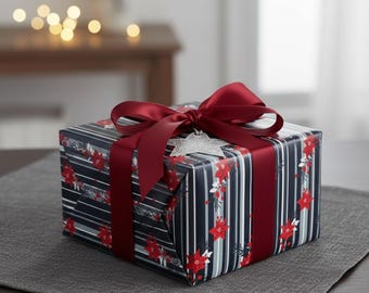 Papel de embrulho listrado de poinsétia, papel de embrulho para presente de Natal, festivo, vermelho, preto, floral, elegante, sazonal