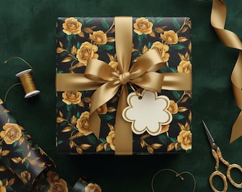 Golden Rose Floral Wrapping Paper: Elegant Black and Gold Gift Wrap
